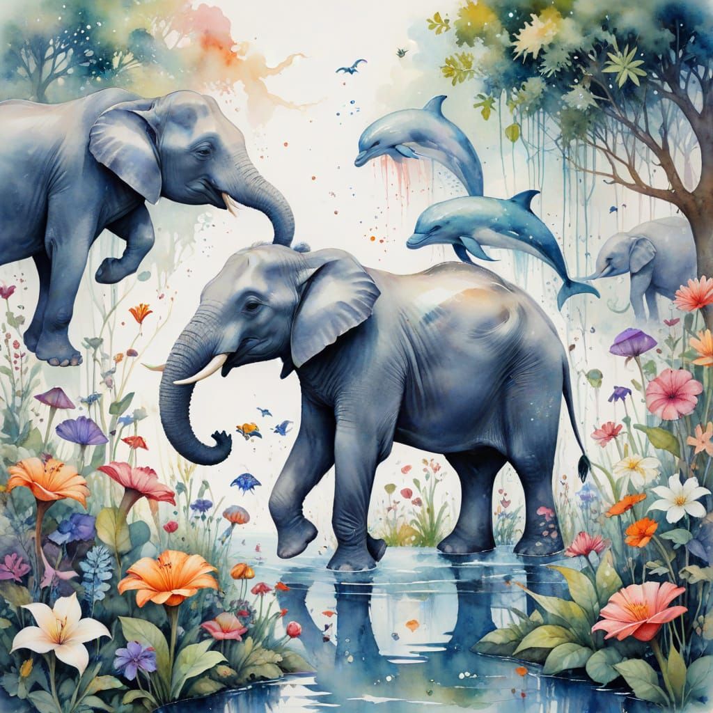 Dolphin Elephant Hybrids in Watercolor Garden