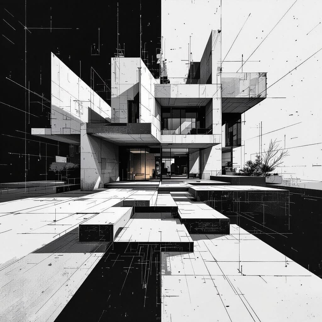 Abstract Black & White Architectural Design with Sketch Elem...