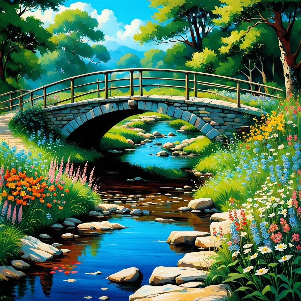 Countryside Bridge over Stream in Waterhouse Style