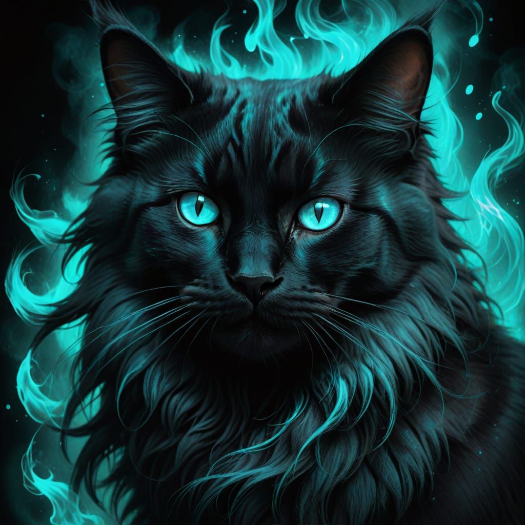 Black Cat Conjures Cyan Magic in Dark Fantasy Art