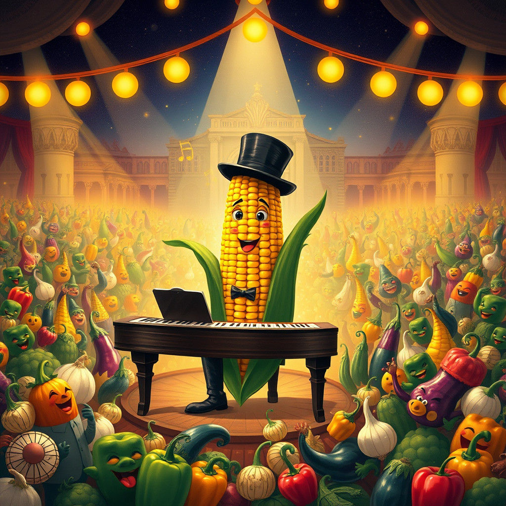 Corn Concert in Vegetable Metropolis: Whimsical Illustration