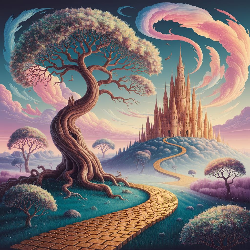 Dreamlike Landscape with Twisting Tree and Golden Path