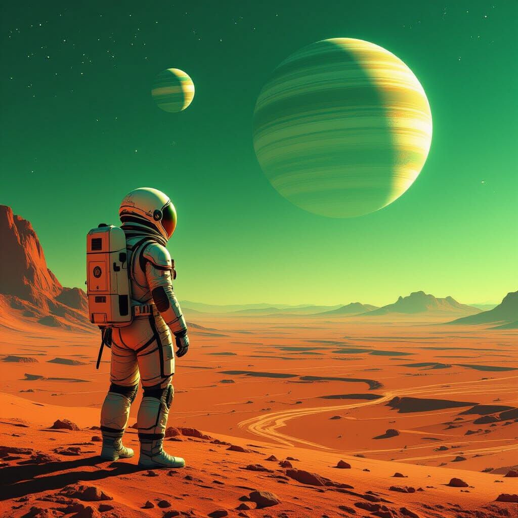 Astronaut on Alien Planet in Retro-Futuristic Style