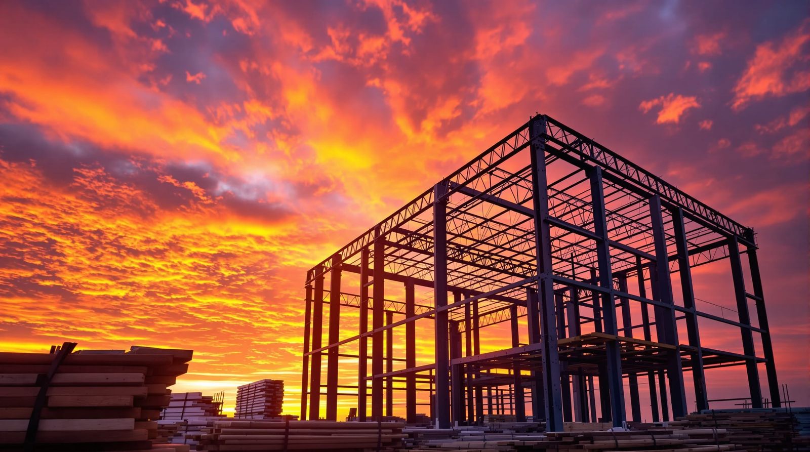 Monumental Steel Building Frame at Dramatic Sunset