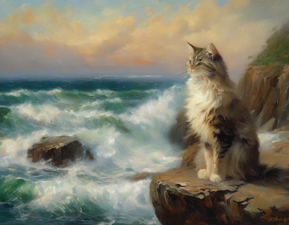 Graceful Feline Dominates Turbulent Seaside Landscape