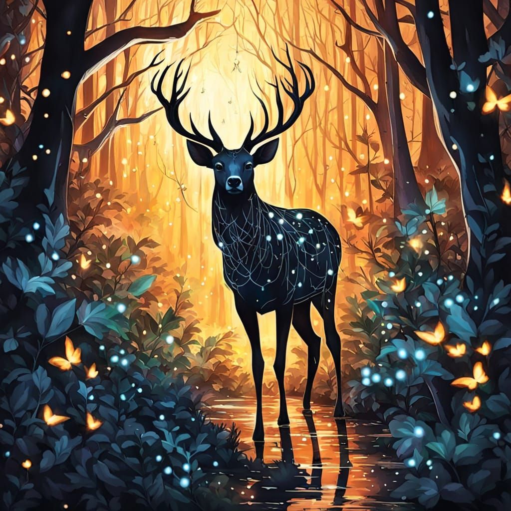 Magical Deer Made of Vines and Fireflies