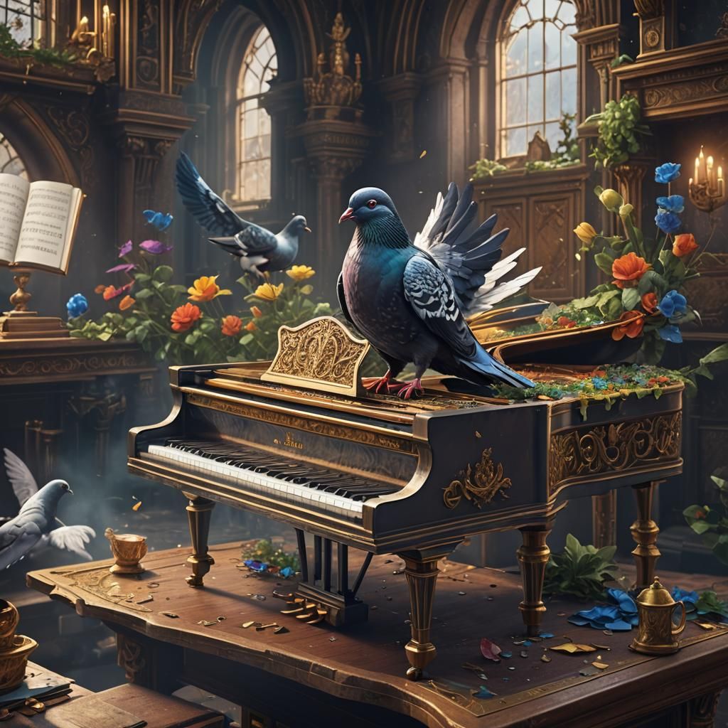 Pigeon Pianist in Detailed Matte Painting