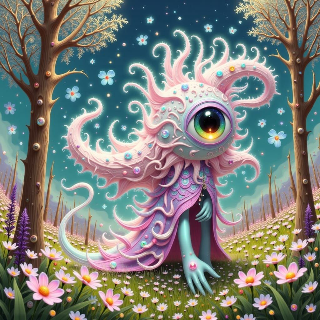 Whimsical Creme Monster Foo in a Vibrant Meadow