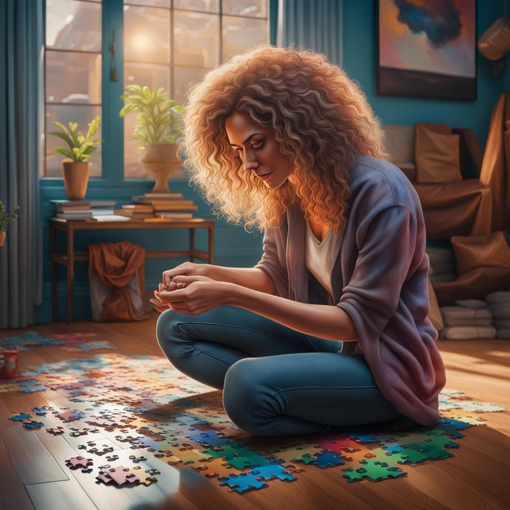Hyperrealistic Frizzy-Haired Woman Doing Puzzle