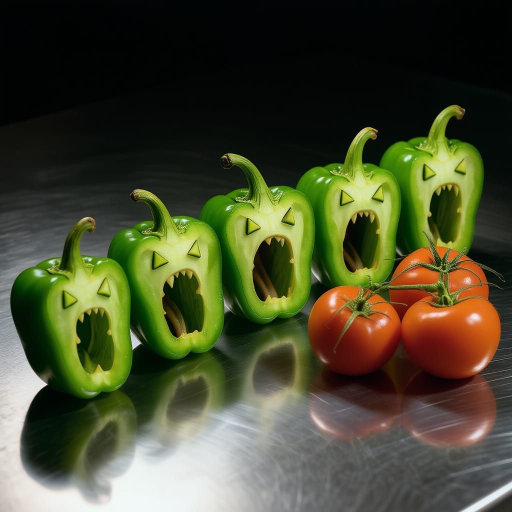 Whimsical Monster Peppers Lined Up in Surreal Photo
