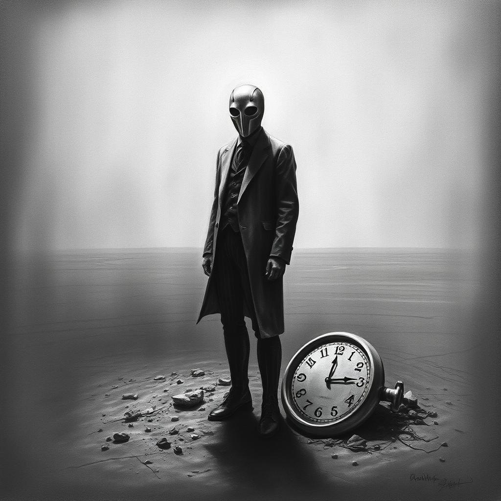 Charcoal Figure in Empty Landscape with Metallic Mask