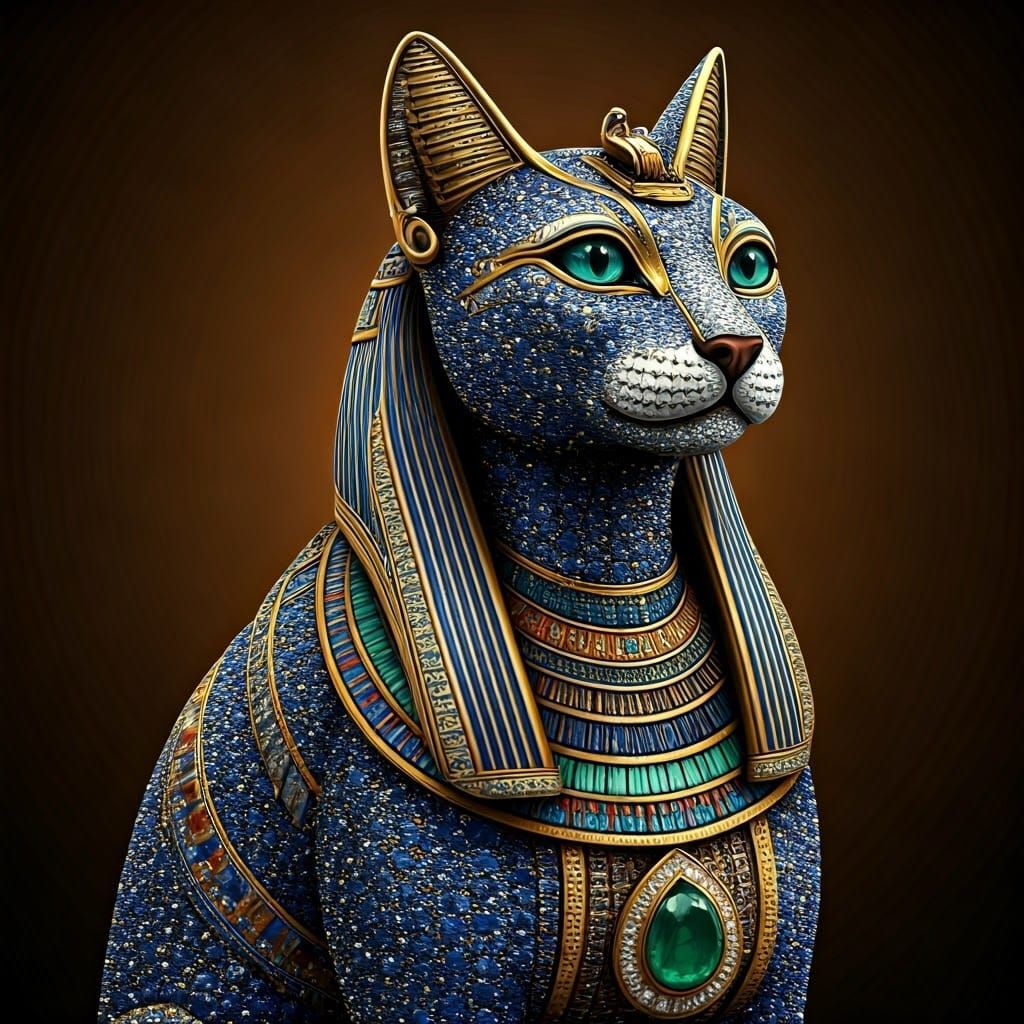 Ancient Egyptian Royalty Cat Sculpture in Luxury Jewels