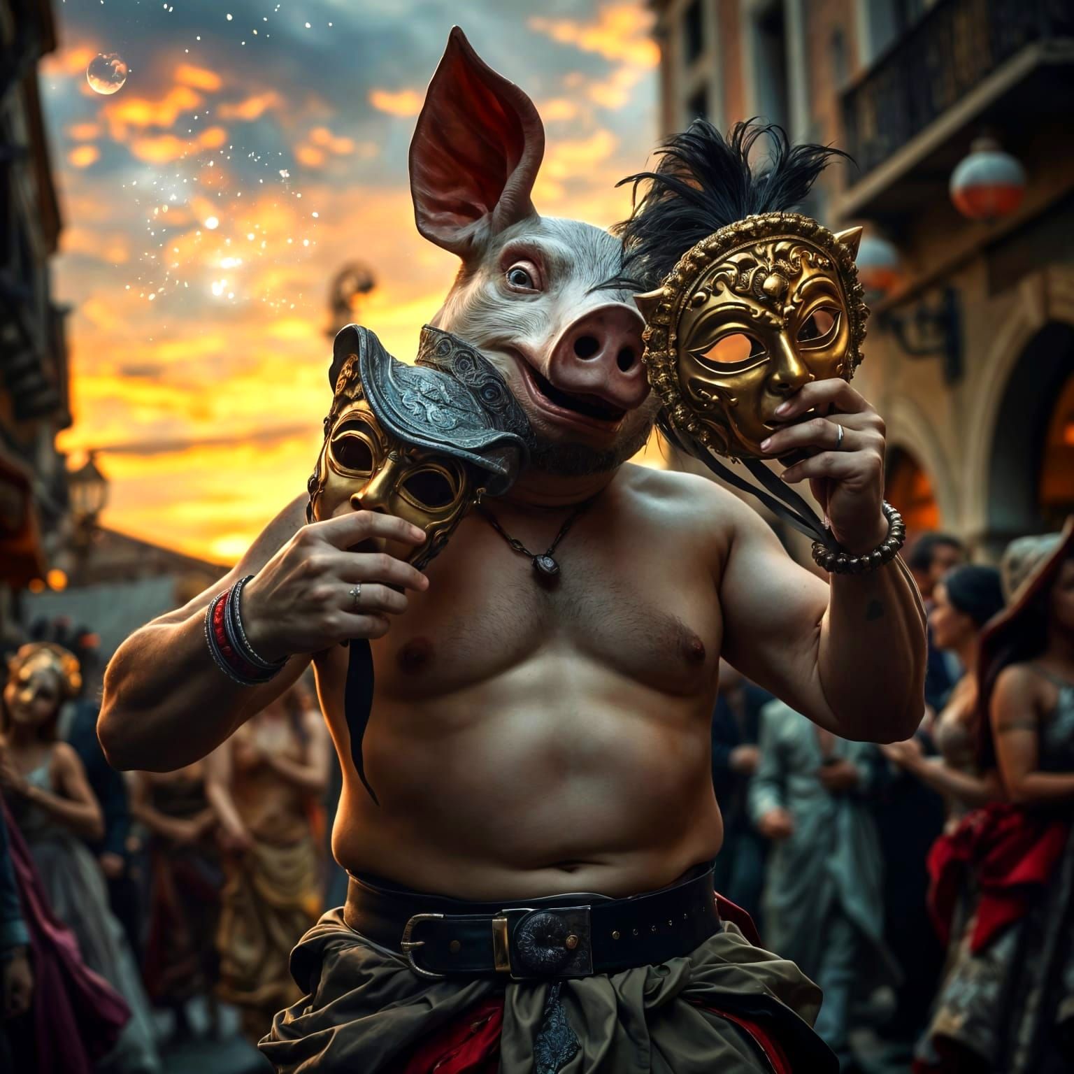 Pig-Headed Man Dancing at Venetian Carnival