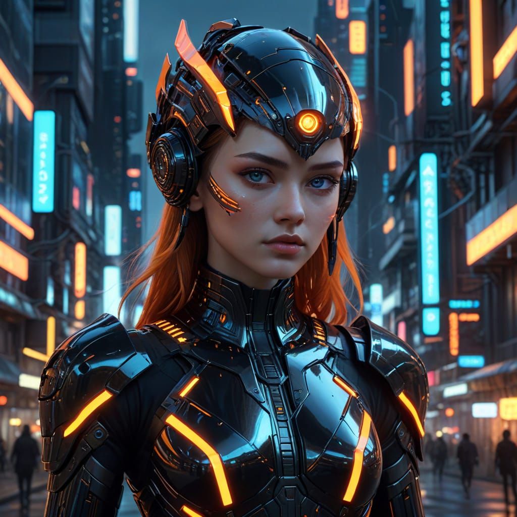 Elegant Cyberpunk Woman in Futuristic Armor
