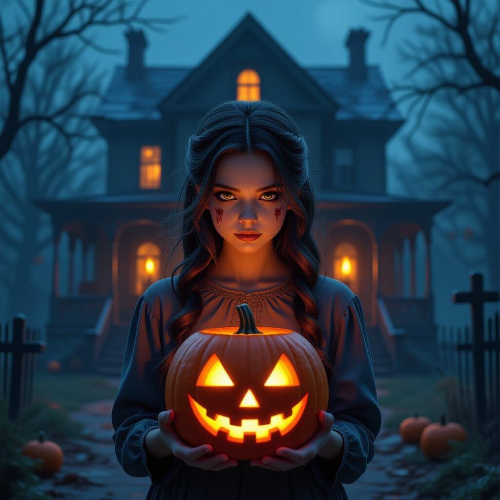 Creepy Girl with Pumpkin in Haunted House