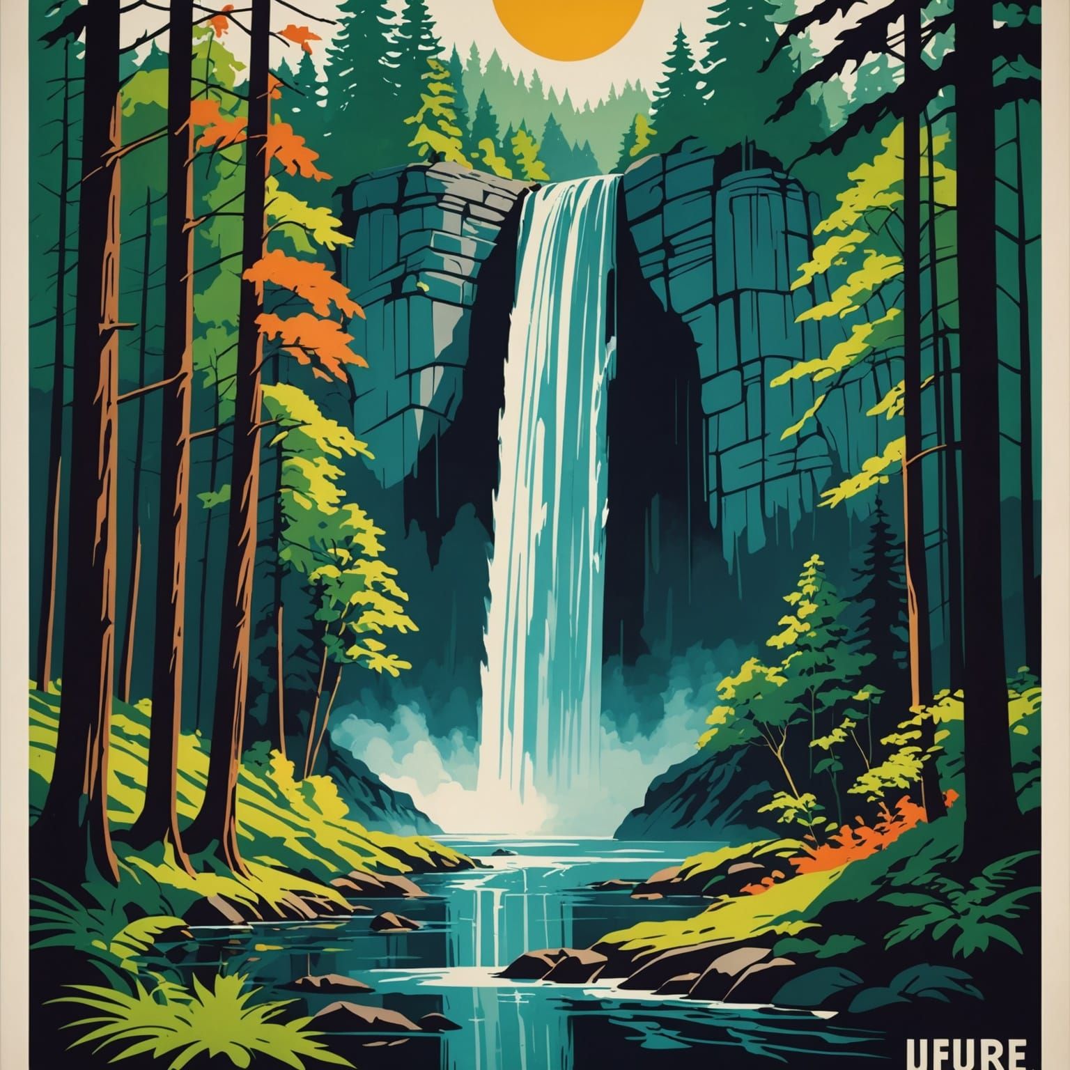 Vintage Travel Poster of Waterfall in Forest