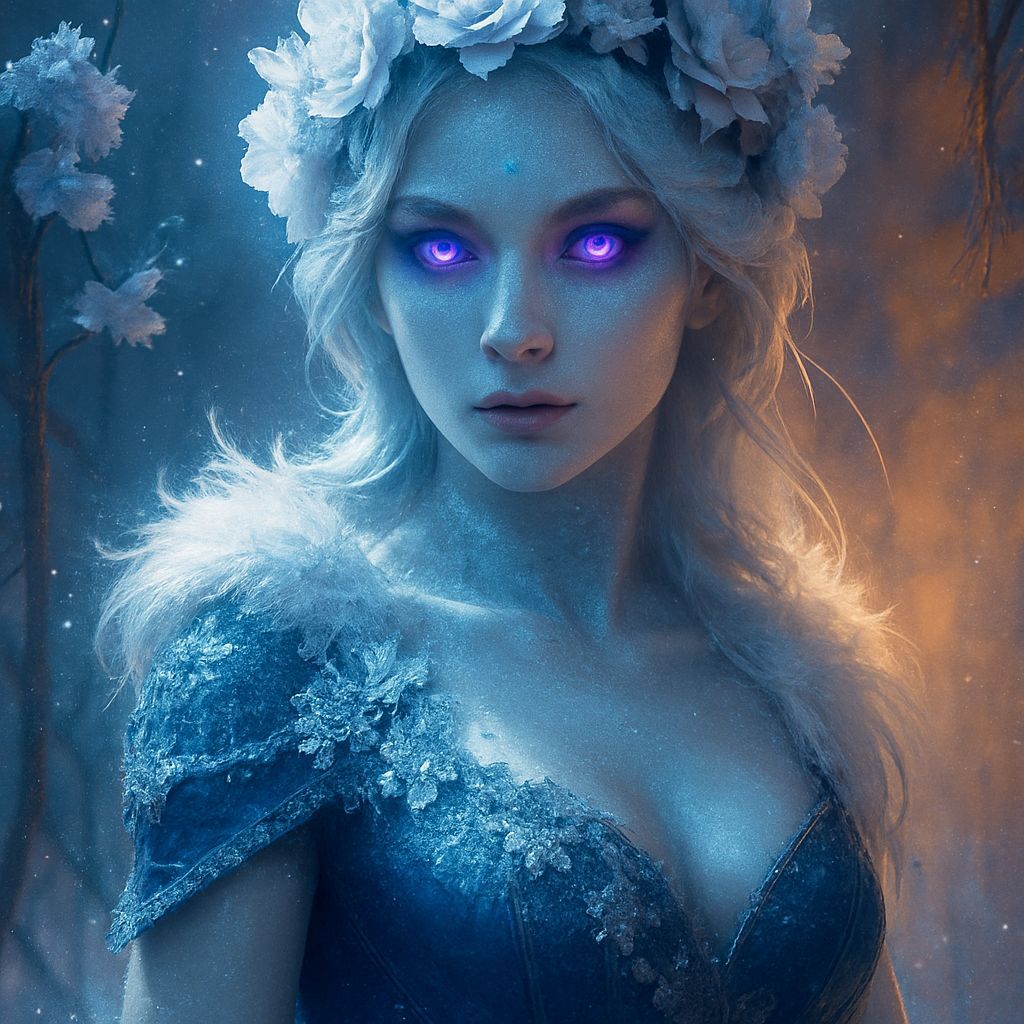 Ice Queen Portrait with Violet Eyes in 8K