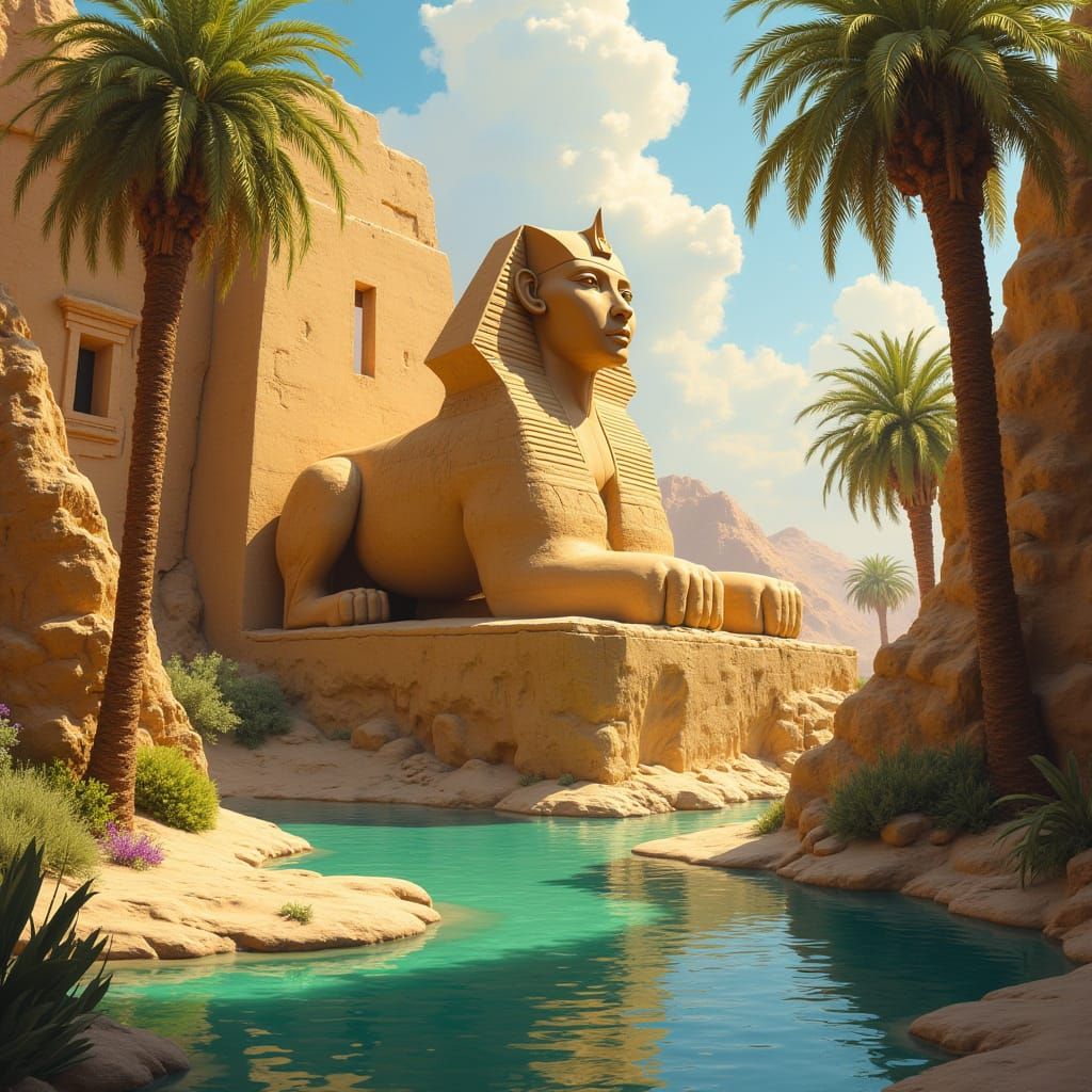Golden Sphinx Guarding a Desert Oasis