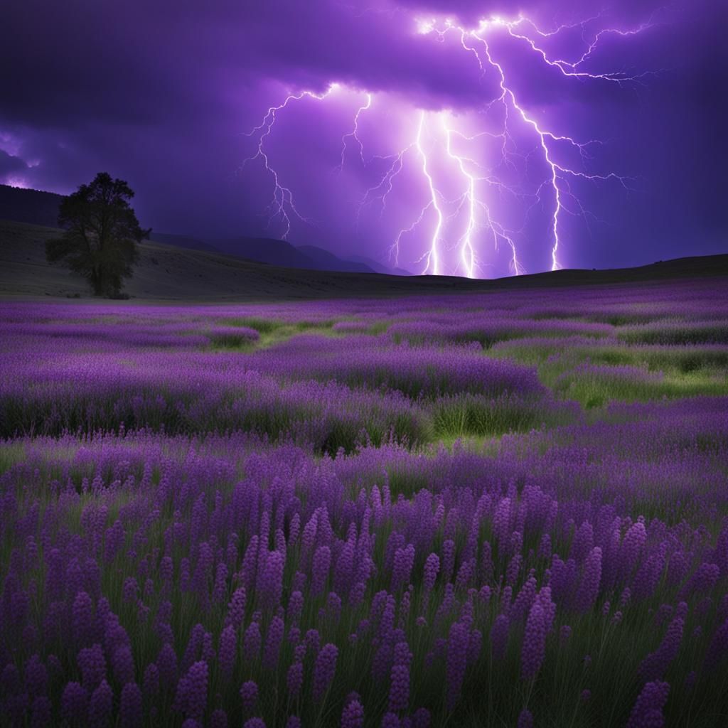 Purple Lightning Storm Over Meadow