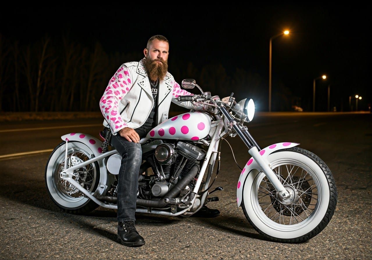 Bearded Biker in Polka Dot Jacket on Chopper