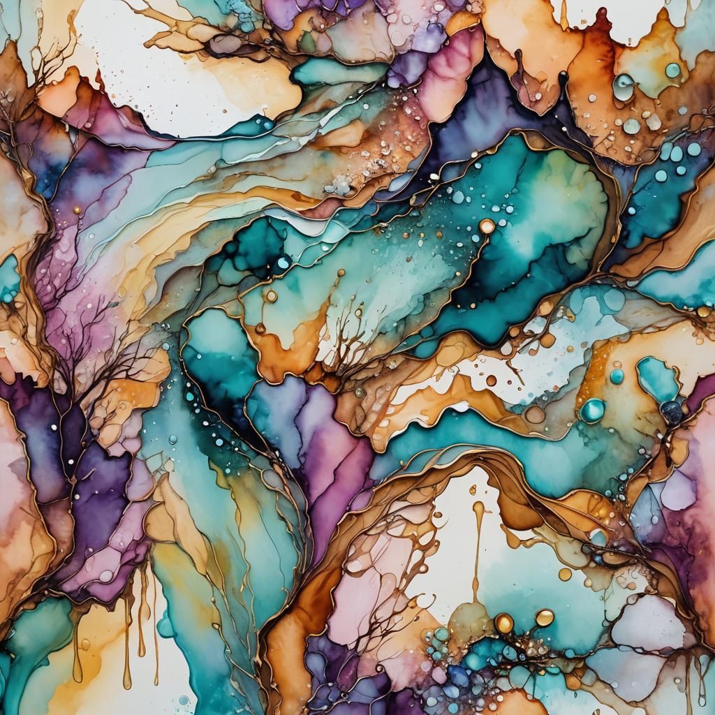 Dramatic Pastel Desert Landscape in Alcohol Ink Style