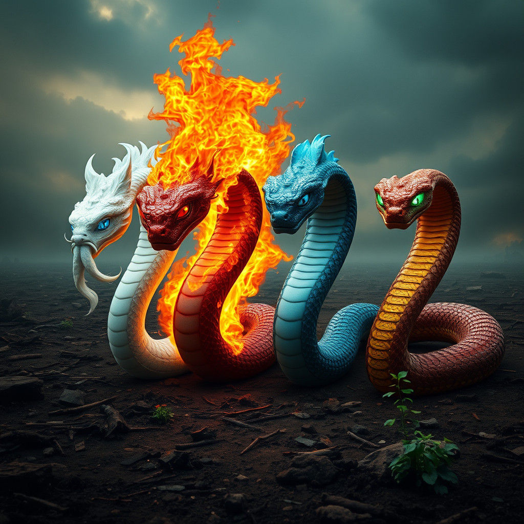 Elemental Snakes on Battlefield: Air, Fire, Water, Earth