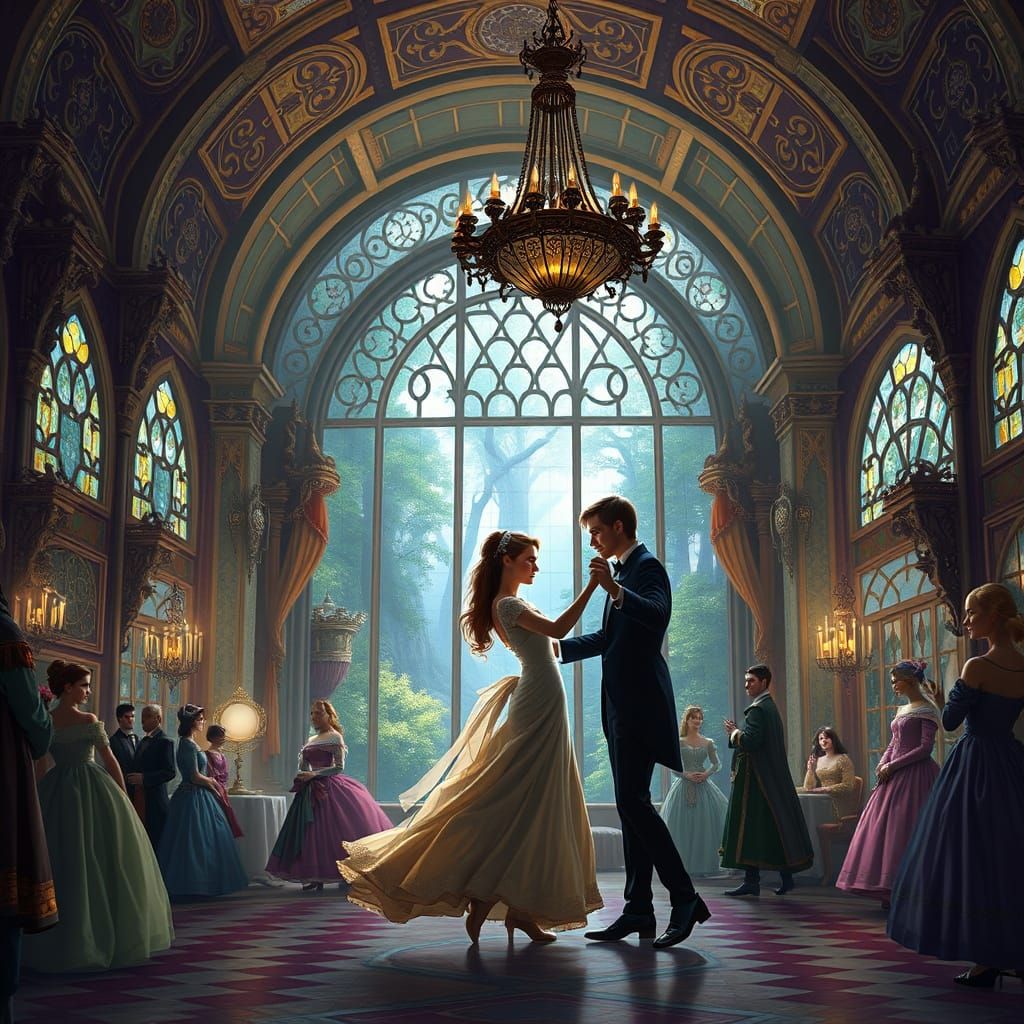 Elegant Couple Dancing in Lavish Ballroom