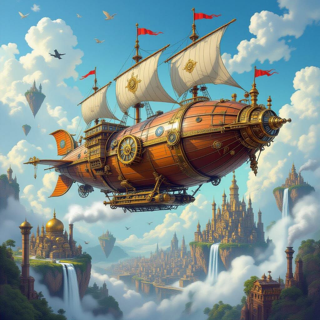 Whimsical Steampunk Airship Navigates Floating Islands