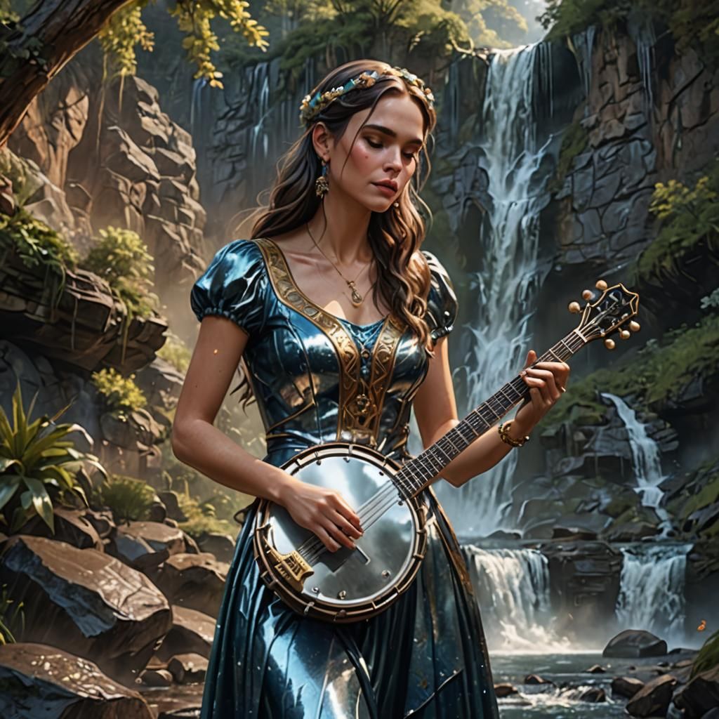 Woman in Metallic Dress Plays Banjo