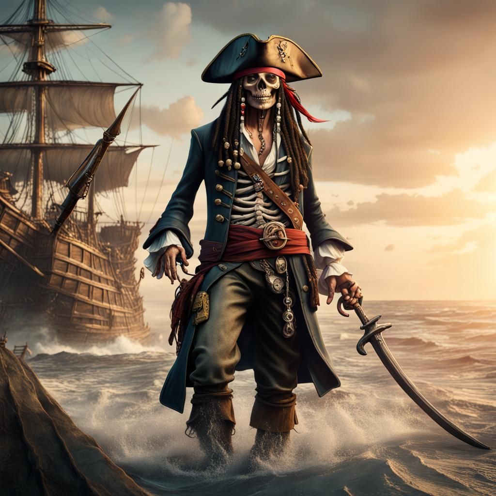 Skeleton pirate dressed like Jack Sparrow.