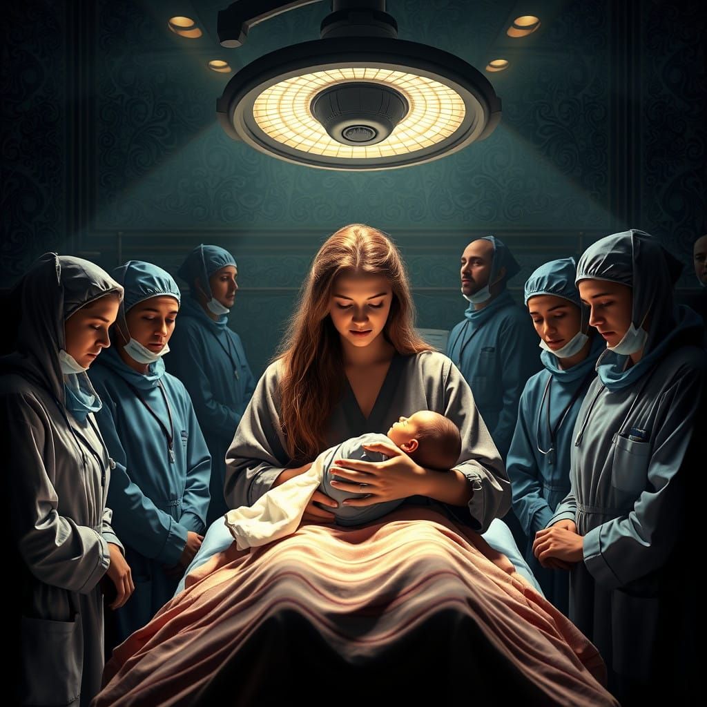 Young Mother Cradles Newborn in Serene Hospital Scene