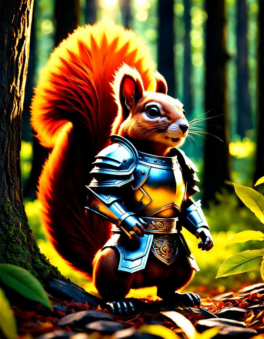 Armored Squirrel in Bright Forest, Detailed Digital Art