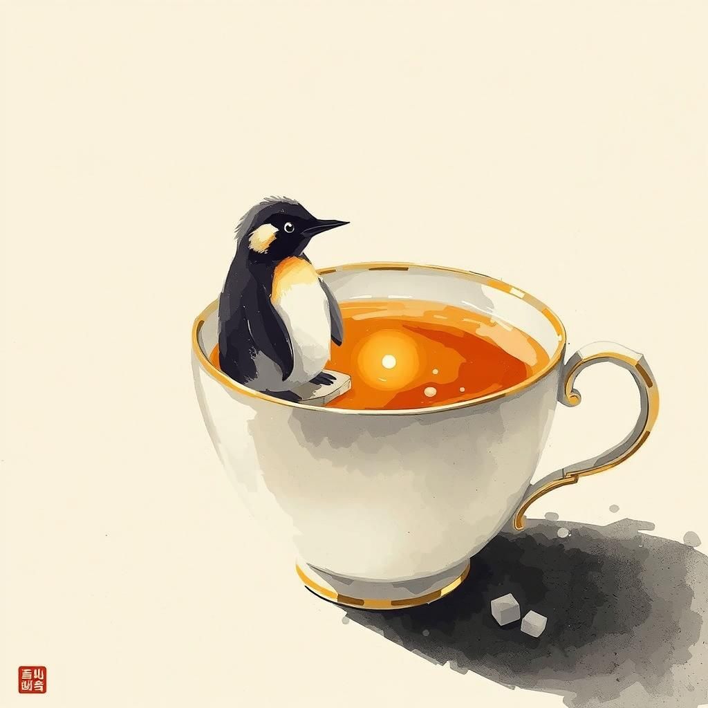 Coin-Sized Penguin Suns Itself: Sumi-e Style