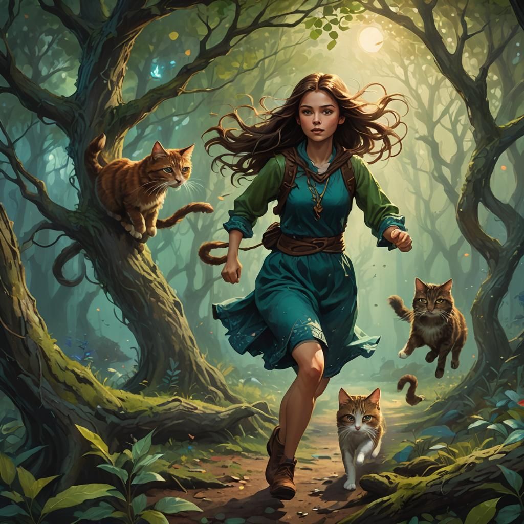 Fantasy Girl Chasing Cat in Dreamy Forest