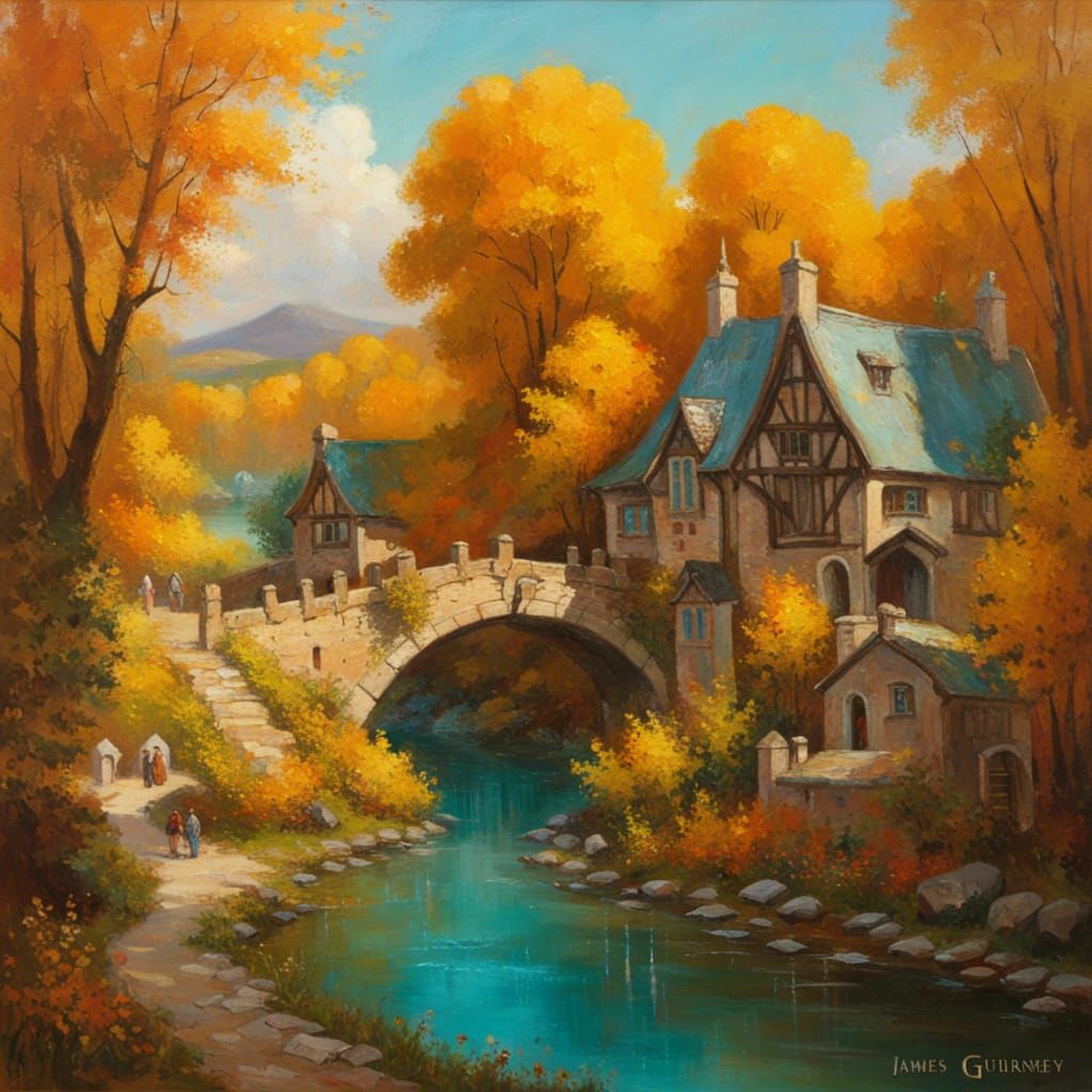High Gothic Village by River in Autumnal Forest