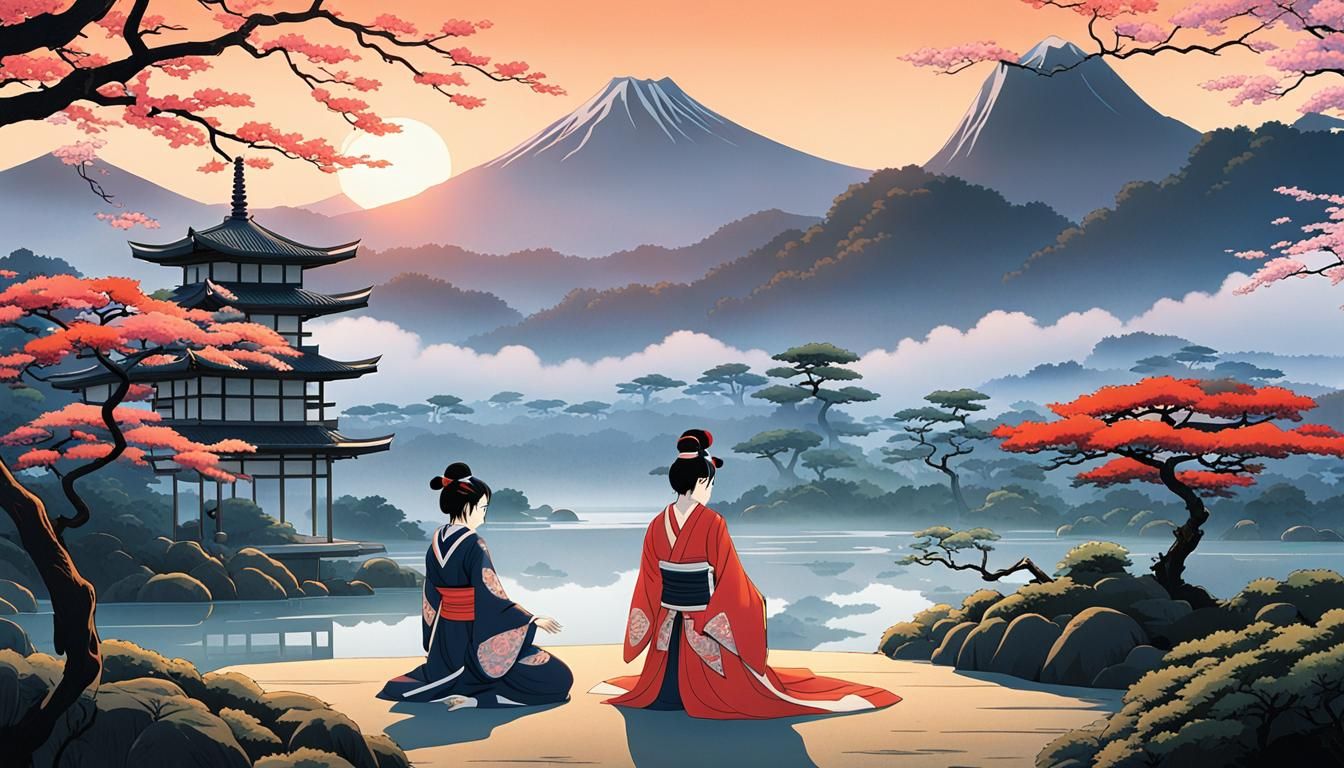 Samurai and Geisha in Ukiyo-e Japanese Garden