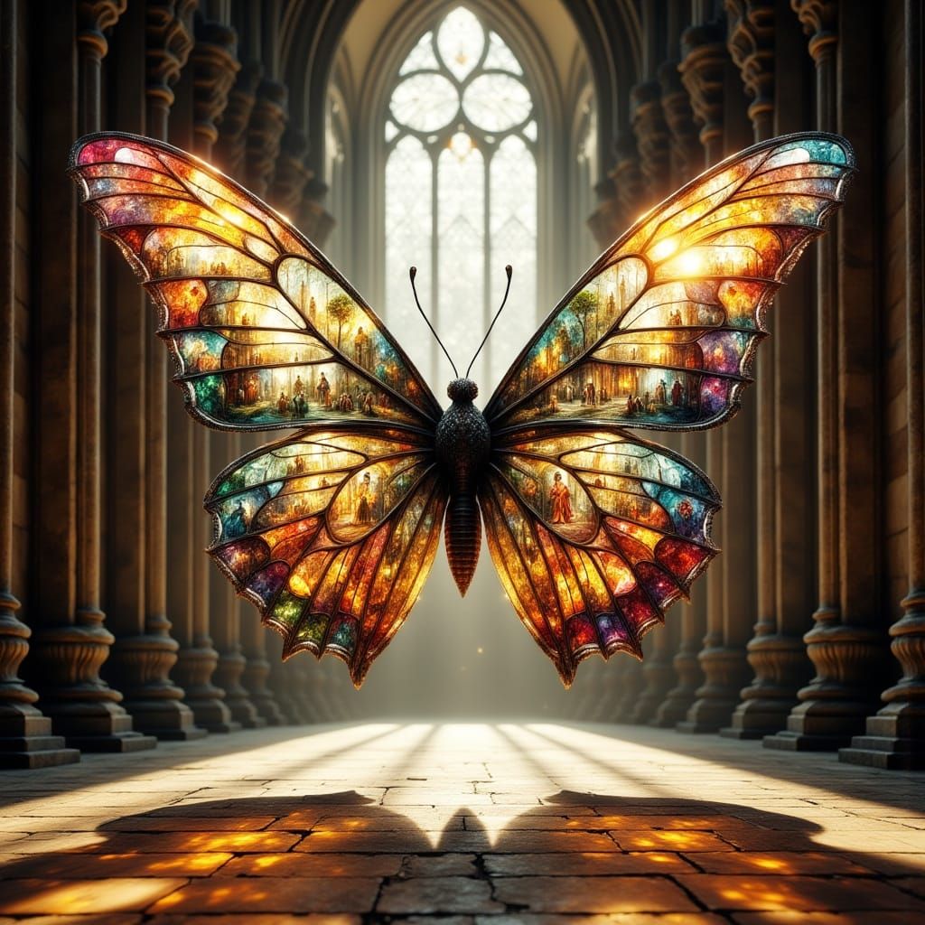 Stained Glass Butterfly in Sunlit Cathedral