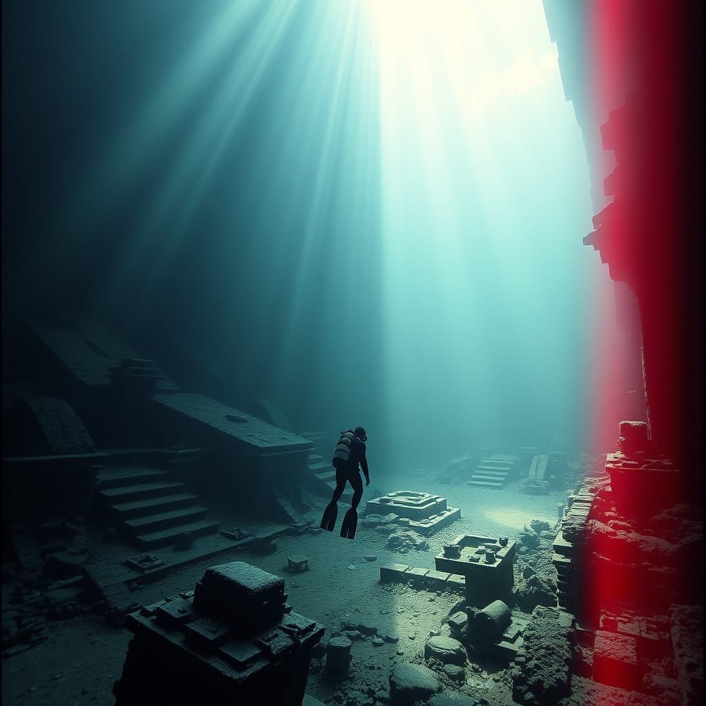 Diver Explores Sunken City in Cinematic Style