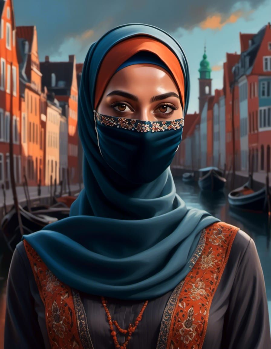 Young Woman in Hijab and Mask, Oil Painting