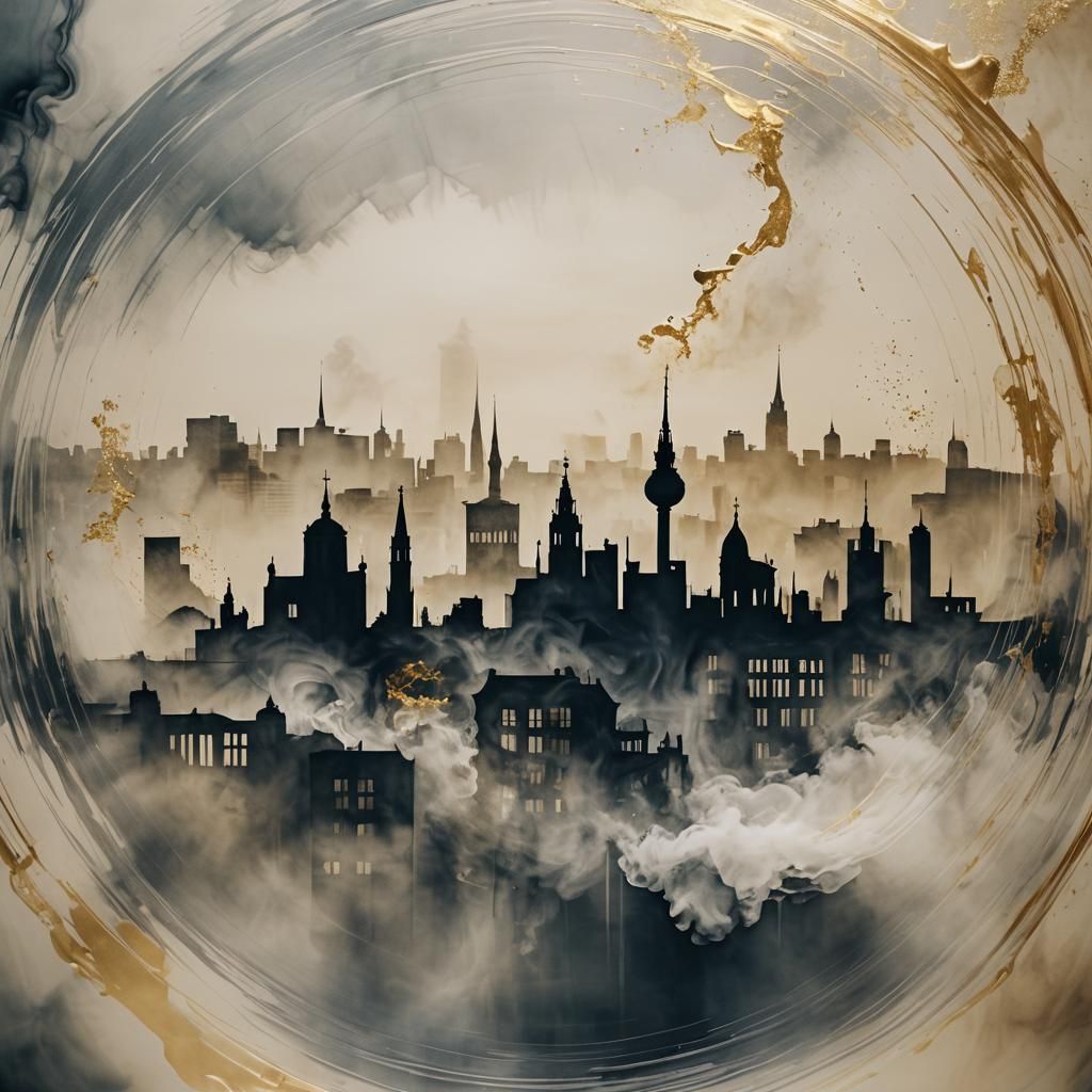 Berlin Silhouette on Cracked Porcelain in Monochromatic Surr...