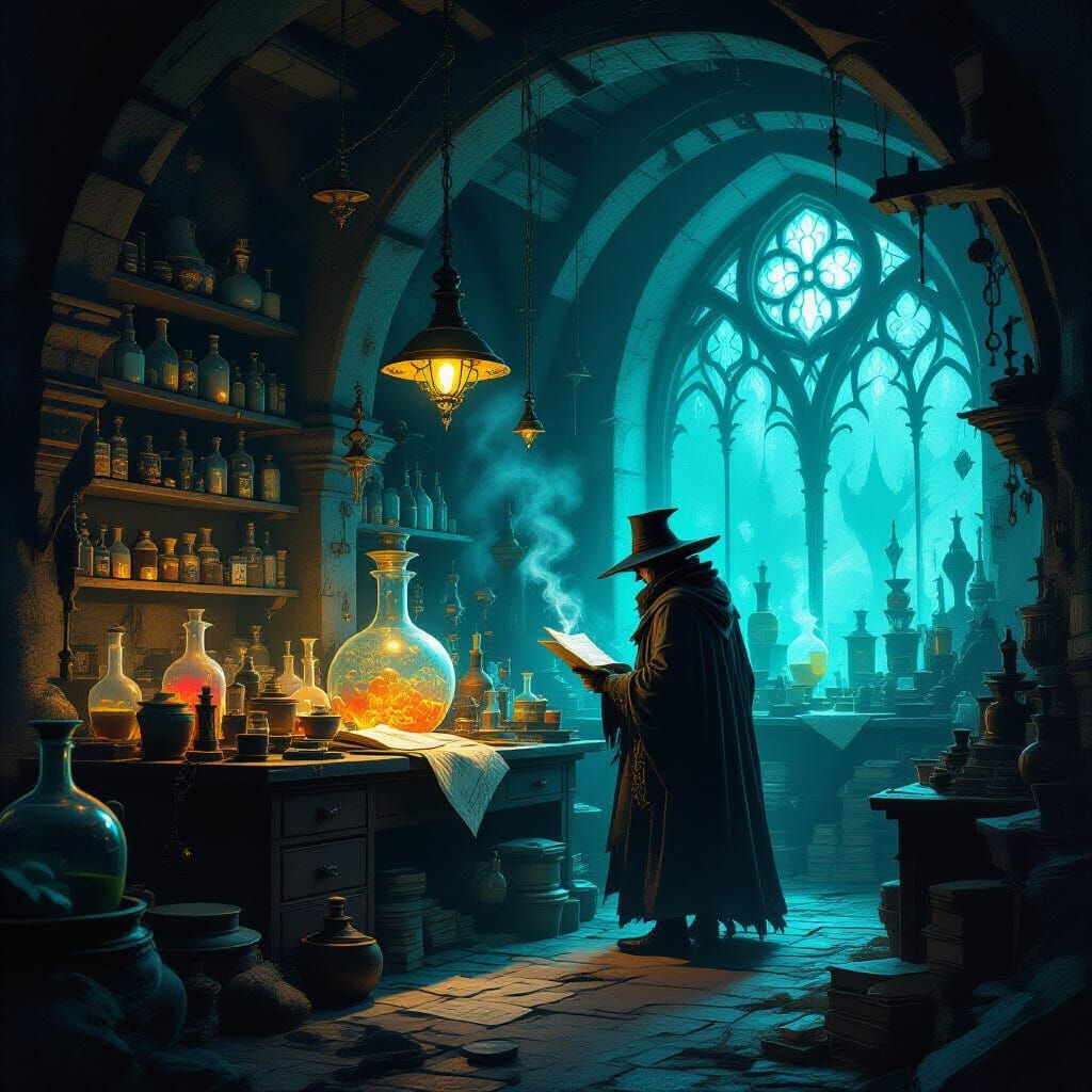 Eerie Alchemist's Workshop Bathed in Bioluminescent Glow