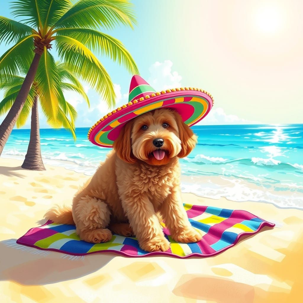 Golden Doodle on Tropical Beach in Impressionist Style