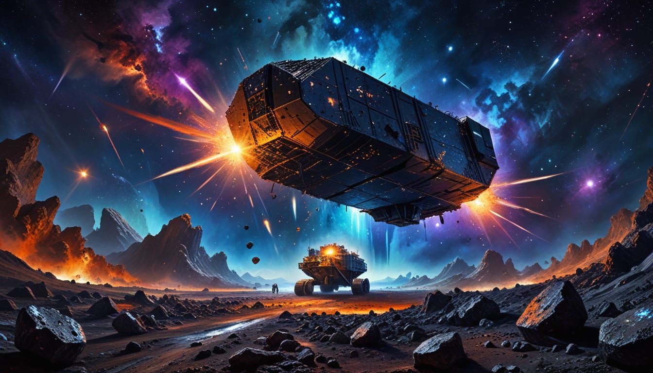 Asteroid Mine in Galaxy Nebula: Oil Painting