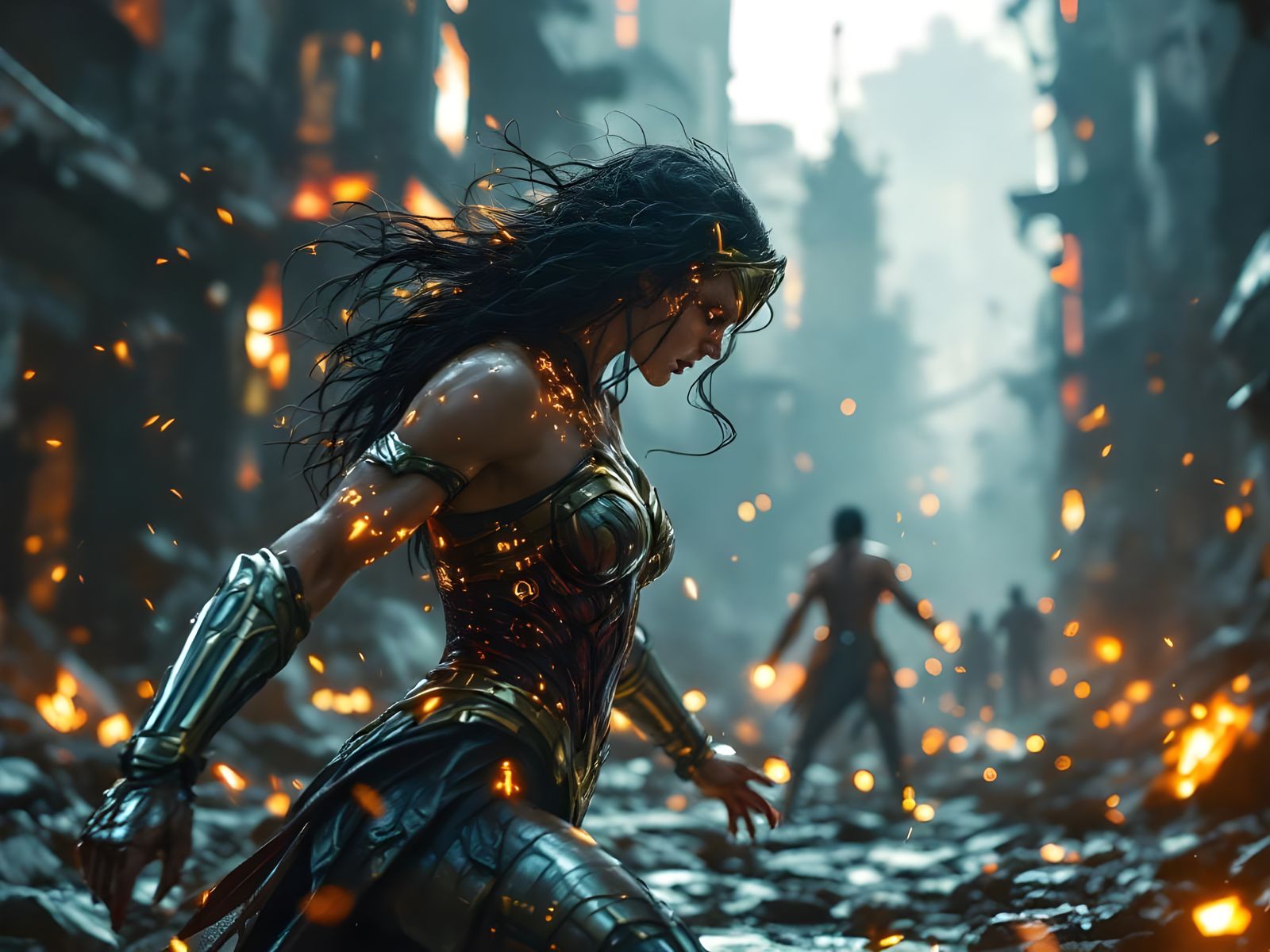 Bio-Punk Wonder Woman Fights Ares in Ruined City
