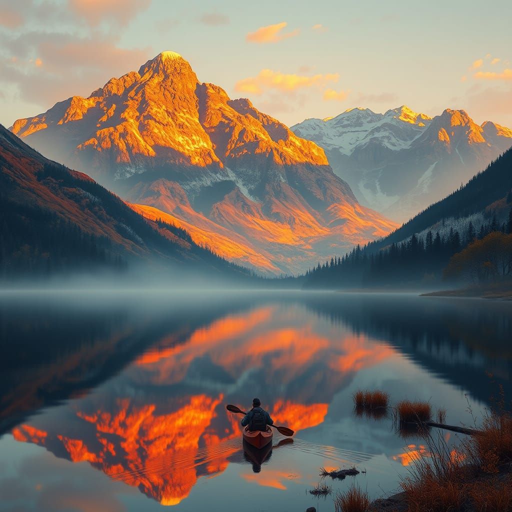 Autumn Serenity: Kayaker on Reflecting Lake at Golden Hour