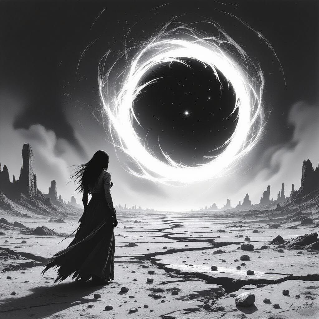 Woman Gazes at Cosmic Portal in Desolate Wasteland