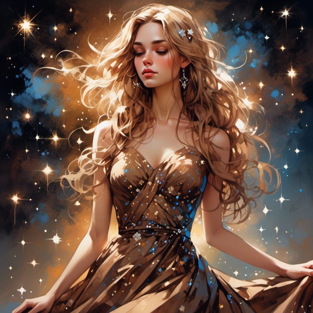 Ethereal Woman in Star Gown: Fantasy Portrait