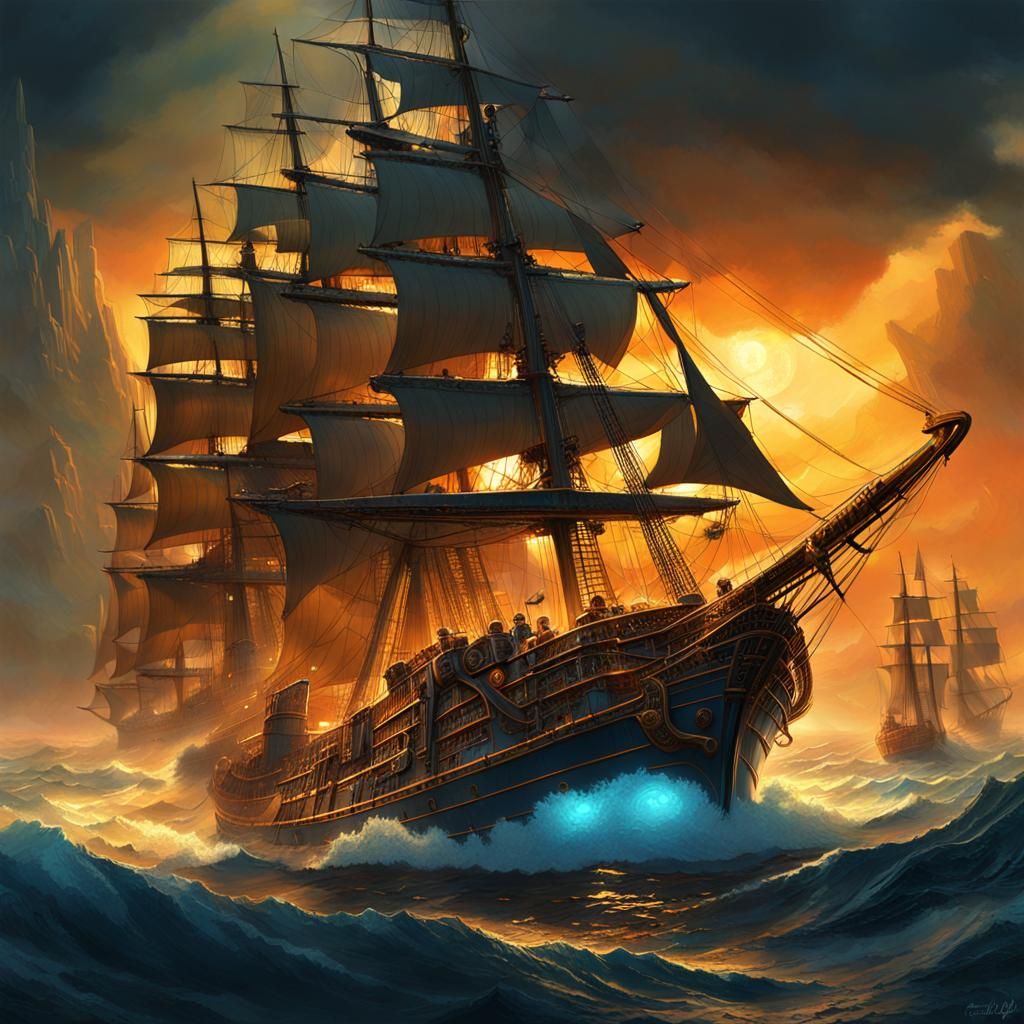 Steampunk Pirate Battle in Golden Light