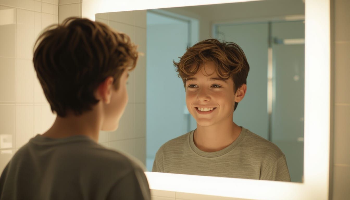 Confident Boy Smiling in Mirror with Hopeful Lighting