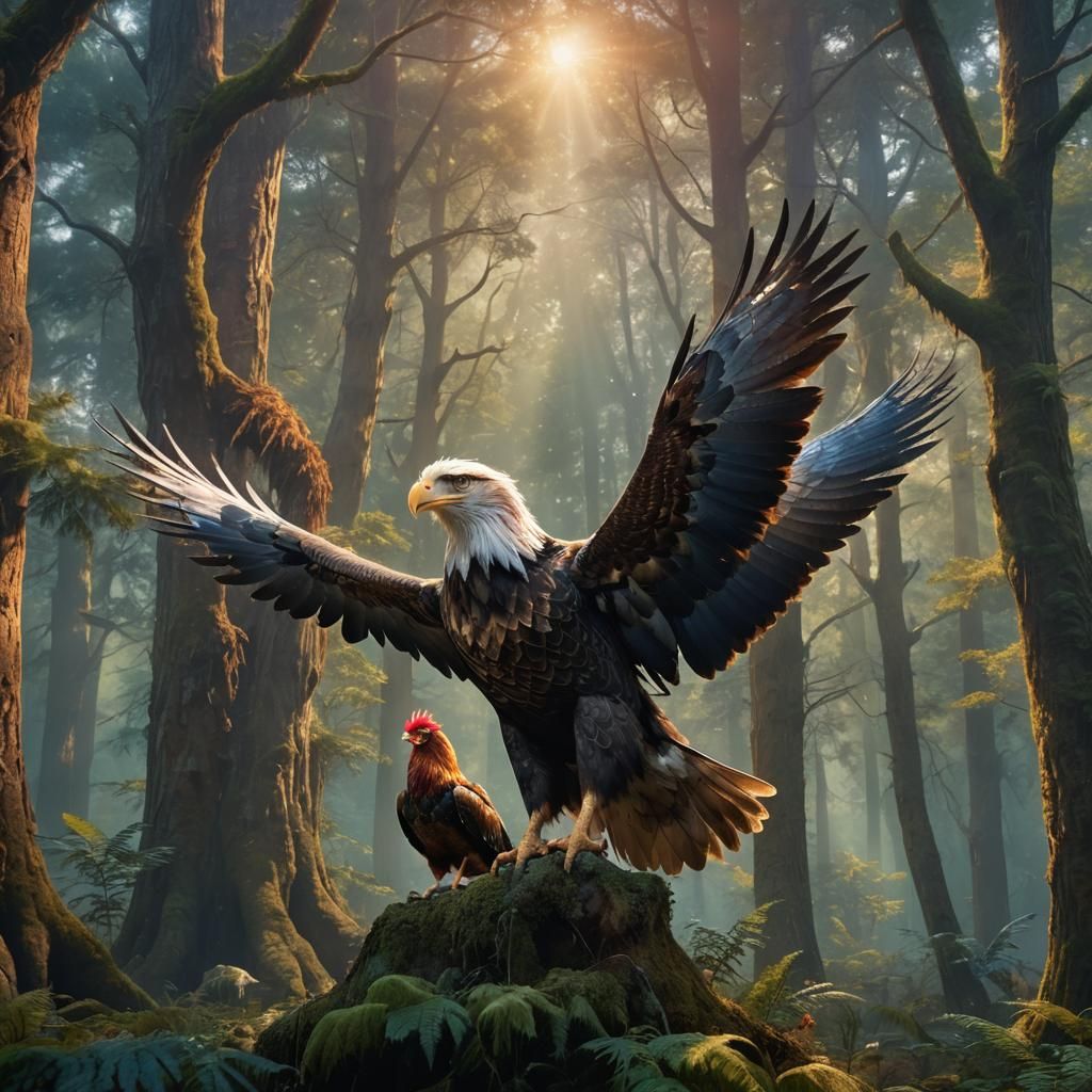 Eagle and Chicken in Mystical Forest: Digital Matte Painting